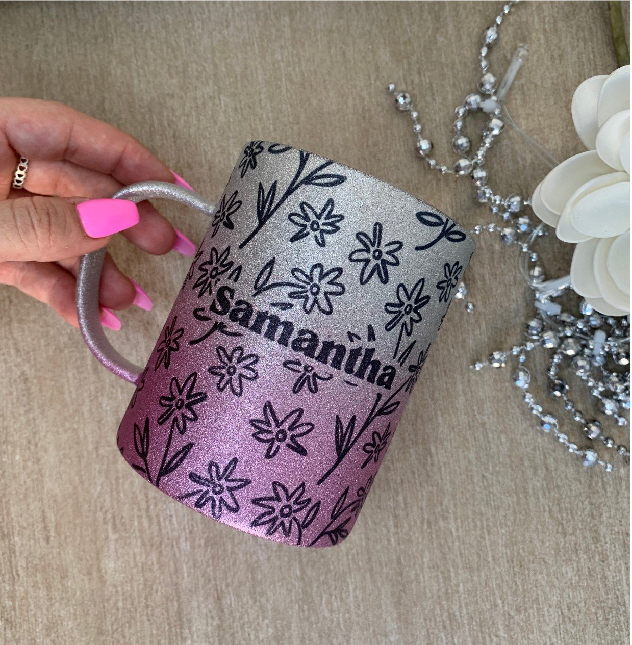 Taza cristal Glitter -"Nombre flores"